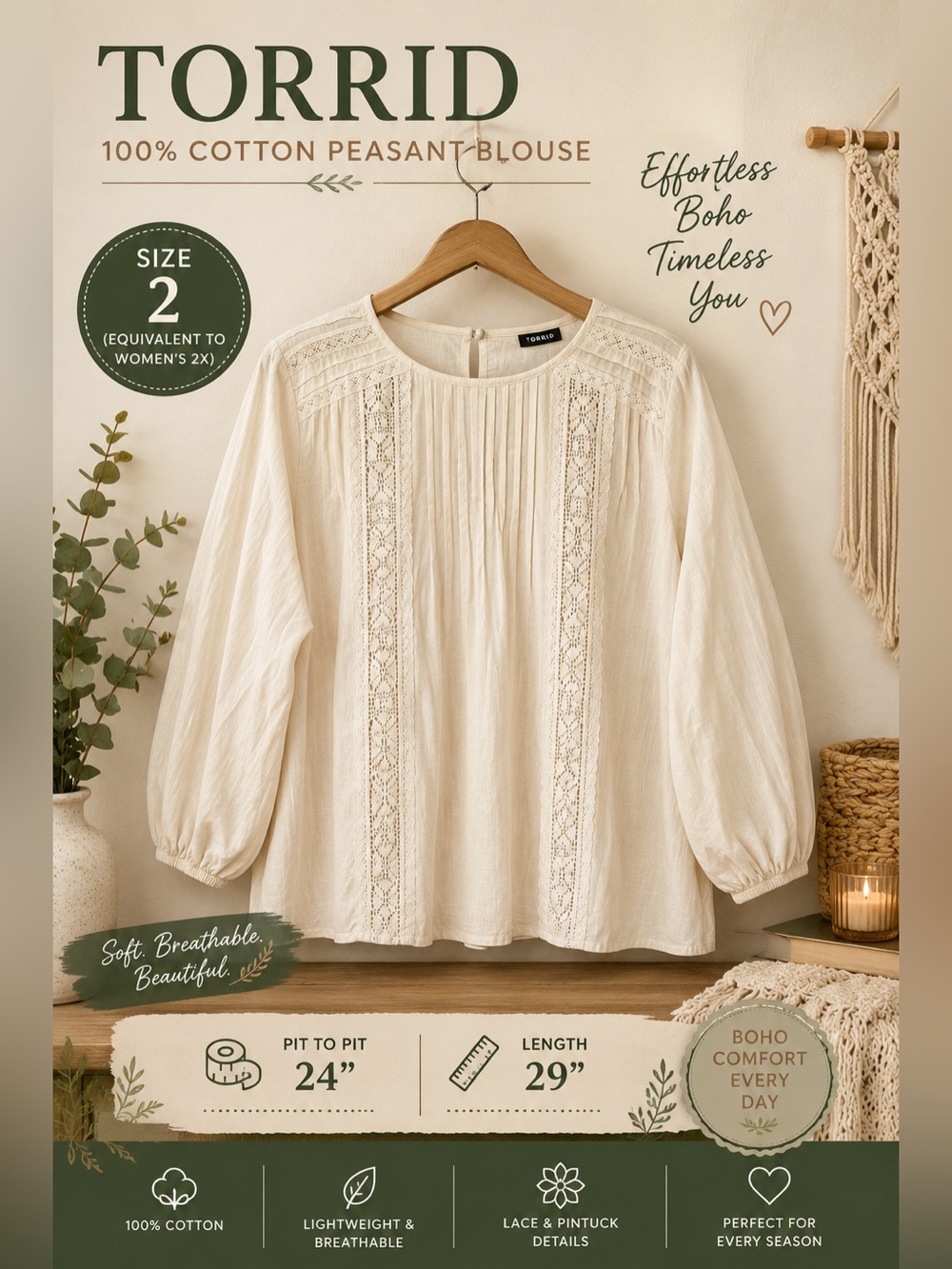 Torrid 100% Cotton Lace Pintuck Peasant Blouse Cream Boho Women’s Size 2 (2X)